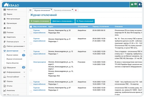 Список отключений